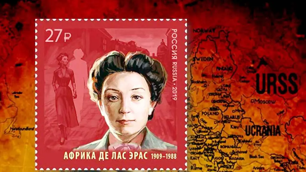 Sello postal emitido en Rusia en 1919 como homenaje a &Aacute;frica de las Heras.